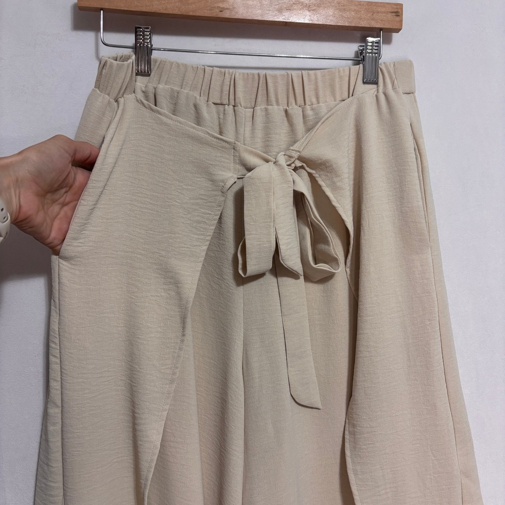 Grace Karin Wide Leg Palazzo Pants Beige Wrap Tie Waist Split Hem Boho Beachy L - Picture 2 of 9
